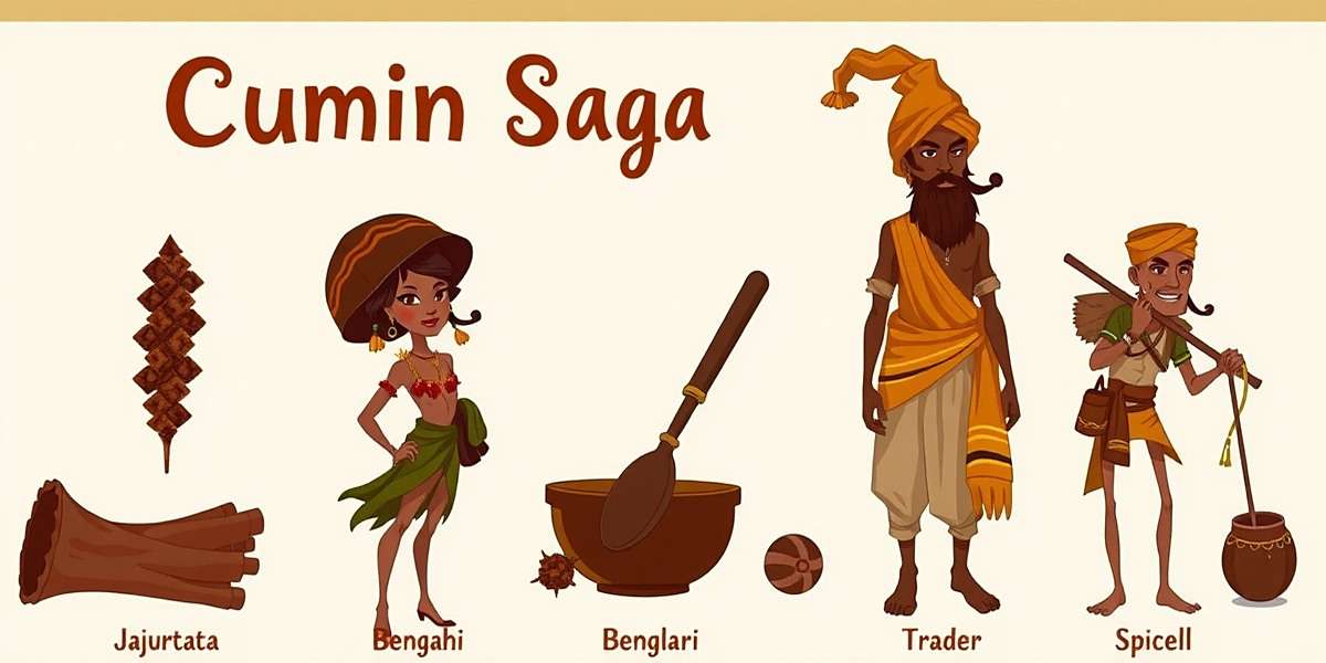 Cumin Saga Spice Journey showing regional character designs - a Gujarati merchant, Bengali trader, and Tamil spiceseller