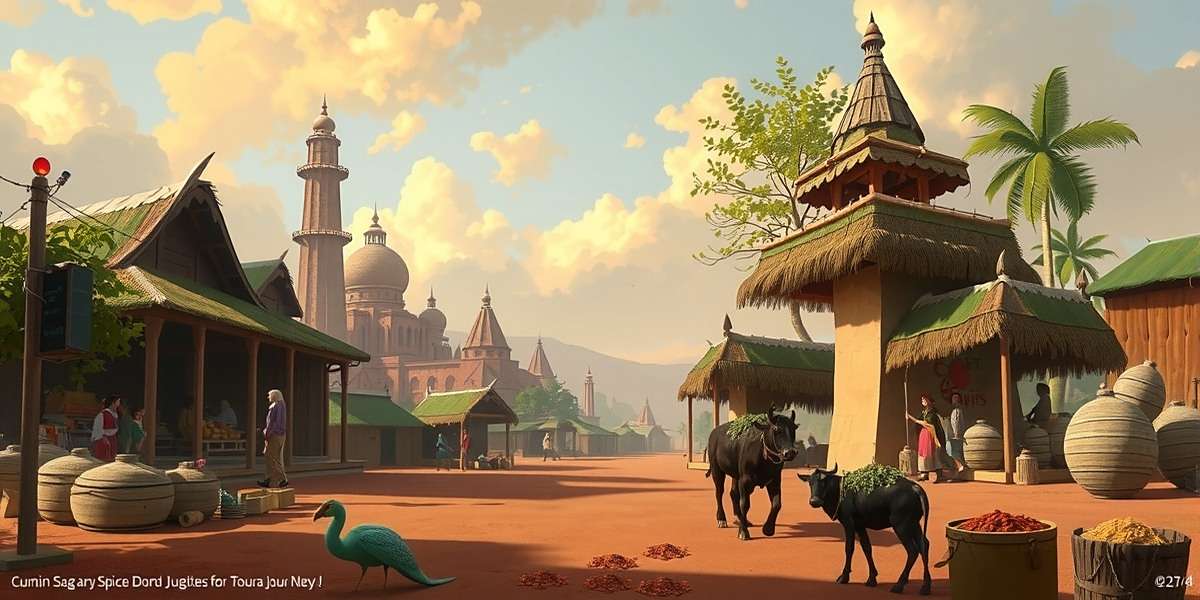 Concept art for Cumin Saga Spice Journey Northeast India expansion showing traditional tribal markets and unique spices