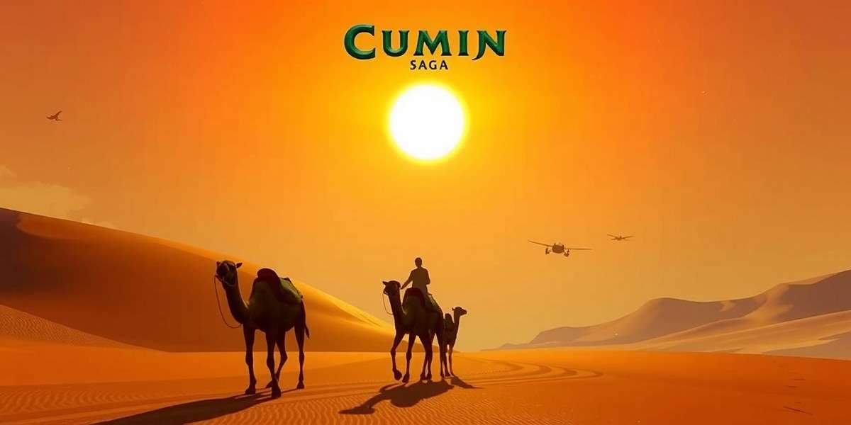 Cumin Saga Spice Journey screenshot showing a merchant caravan traveling through the Thar Desert with camels